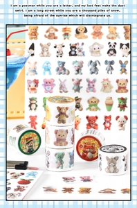 Detail shot of cute hand-drawn animal themed washi tape and sticker set for journaling
