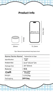 Detailed size comparison of the washi tape roll next to a smartphone with a full specs table