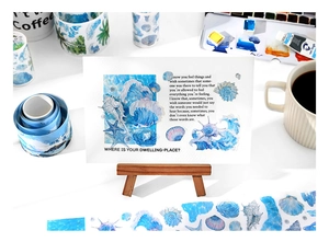 Detailed blue sea theme washi tape set featuring ocean waves and shells for DIY journaling