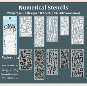 Flat lay of 3D foam stickers showing 10 pieces of vintage numeric art designs in black and white
