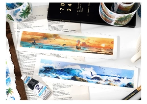 Artistic watercolor ocean tape featuring sunset and waves for DIY scrapbooking