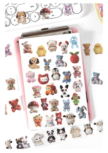 Detail of cute doll garden washi tape stickers with fluffy plush toy animal characters