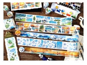 Artistic washi tape featuring hand-painted ocean waves, sunset beaches and sea life