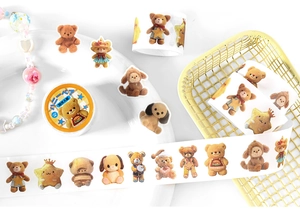 Close-up of Infeelme cute plush bear washi tape and round stickers for DIY journaling