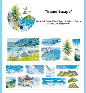 Detailed watercolor island landscapes on 6cm wide decorative washi tape for DIY scrapbooking