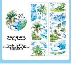 Detail of Coconut Grove Evening Breeze washi tape with tropical palm and ocean watercolor pattern