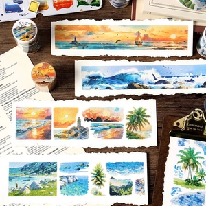 Watercolor Scenery Washi Tape Sea Sunset Landscape Decorative Masking Tape For Scrapbooking Journaling DIY Arts Crafts