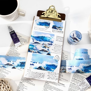 Artistic ocean theme washi tape set with blue sea wave patterns for DIY scrapbooking