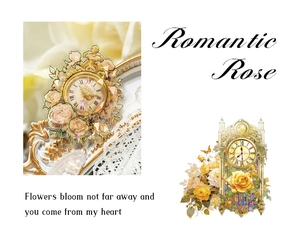 Nahaufnahme der Romantic Rose PET-Sticker mit Uhren in Muschelglanz und Vintage-Blumen