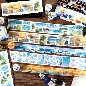 Hand-painted watercolor washi tape set featuring ocean sunset beach scenery for DIY journaling