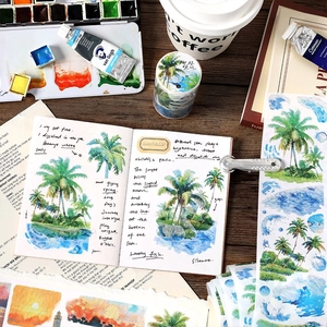 Tropical beach theme washi tape set with watercolor coconut palm trees for DIY scrapbooking