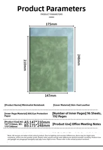 Detailed size chart showing A5 and B5 soft leather notebook dimensions and specifications