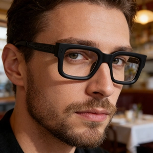 Detail of black square frames with carved temples and arrow metal rivets on a male model