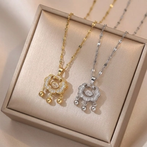 Vintage Ruyi Lock Pendant Necklace Stainless Steel Gold Plated Dancing Zircon Auspicious Cloud Bell Charms For Women