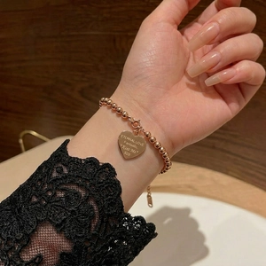 Heart Pendant Beaded Bracelet Titanium Steel Rose Gold Plated Minimalist Korean Style Jewelry For Women Girls Bestie Gift
