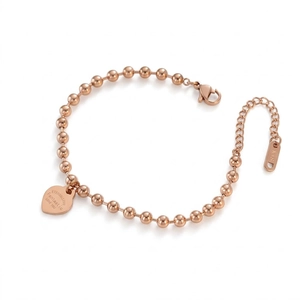 Rose gold stainless steel beaded heart bracelet with engraved charm and lobster clasp