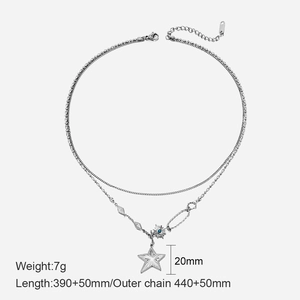 Detail of 14K gold double-layer star necklace showing 20mm pendant and 7g weight