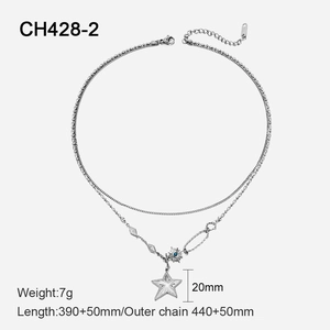Macro view of silver double-layered necklace with star pendant and dimension labels