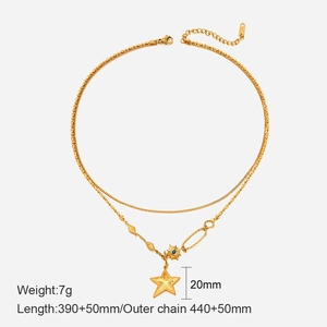 Detailed view of layered 14K gold star necklace with dimensions and chain length specs