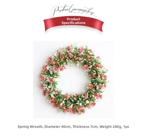 Detail of 40cm spring wreath with pink cherry blossoms and eucalyptus measuring 7cm thick