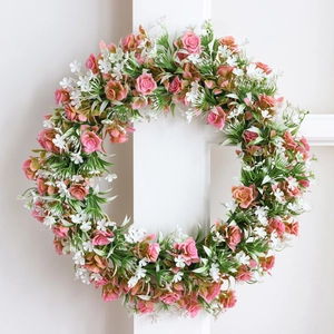 Ghirlanda Artificiale di Fiori di Ciliegio e Rose Rosa Primavera Decorazione Matrimonio Porta d'Ingresso Foglia di Eucalyptus Plastica Casa