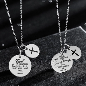 Collana con ciondolo rotondo in acciaio inossidabile lucido e versetti biblici
