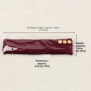 Detail shot of long knit leg warmer in packaging showing wooden buttons and dimensions