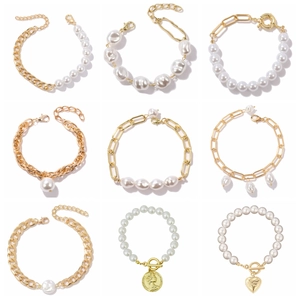 Baroque pearl bracelet set with gold chain and heart coin pendants in various styles