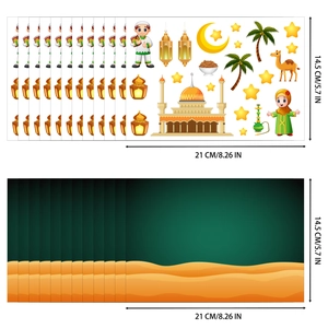 Cartoon Middle Eastern moon DIY sticker set with mosque and desert background for festivals