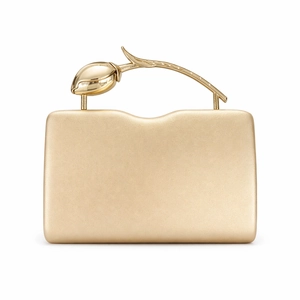 Elegant gold PU evening clutch bag featuring a unique 3D metal rose handle and crossbody strap