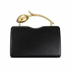 Elegant black PU leather evening clutch bag with unique gold tulip floral metal handle