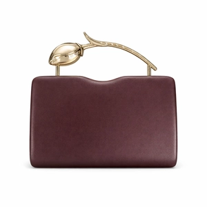 Deep wine red PU leather evening clutch with golden rose metal handle for women
