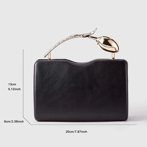 Detail view of black PU evening clutch showing 20x13x6cm size and gold rose handle