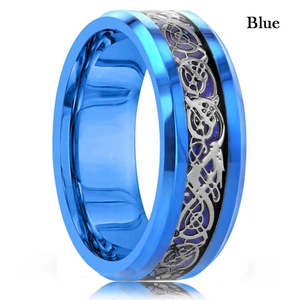 Detail view of the blue stainless steel ring featuring intricate dragon scale textures