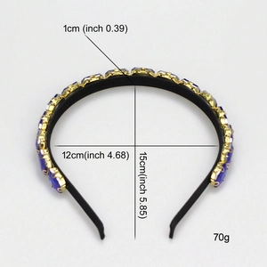 Elegant gold headband with blue rhinestones and detailed size measurements