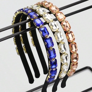 Vintage Luxurious Rhinestone Headband Zinc Alloy Large Square Crystal Hair Band Handmade Fabric Wrapped Hair Hoop For Women Party Jewelry