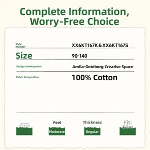 Sizing and fabric chart for girl's cotton clothing set showing 100% cotton material