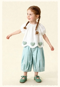 Detail of girls' white short sleeve top with green heart patches and light blue wide leg pants