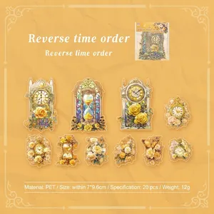 Vintage PET-Sticker-Set mit Muschellicht-Uhren, Rosen und Sanduhr-Elementen