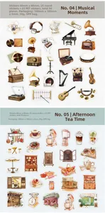 Detalle de 50 pegatinas washi vintage con tema de café y música para diarios