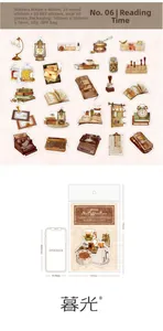 Detalle de 50 pegatinas de café vintage en Washi y PET con comparación de tamaño real