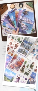 Detail of urban life themed scrapbook stickers featuring hand-drawn European scenes