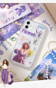 French retro style iPhone case with purple aesthetic sticker collage and floral art
