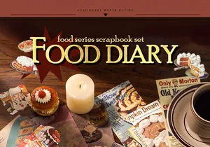 Macro-opname van 154PCS vintage food diary stickers voor scrapbooking op houten oppervlak