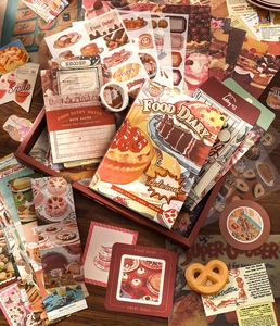 Close-up of vintage food stickers and dessert stationery on a rustic wooden table