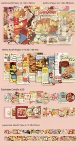 Detailansicht von Vintage Scrapbooking Papier Set mit Aufklebern und Dekokarten