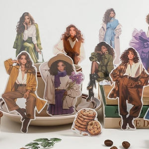 Fashion life theme scrapbooking sticker set with diverse characters and vintage aesthetic