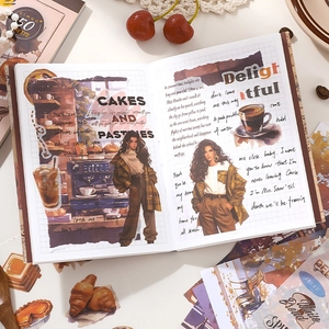 Vintage lifestyle sticker book for scrapbooking featuring coffee and dessert themes 50 sheets