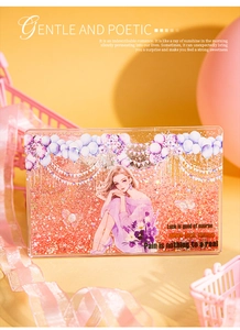 Détail du boîtier à sable mouvant rose avec illustration de fille et motifs floraux