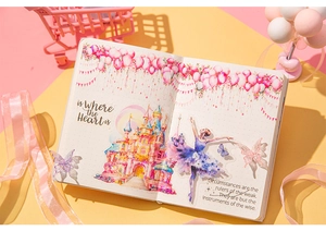 Détail du ruban adhésif décoratif avec motifs château et ballerine sur carnet rose